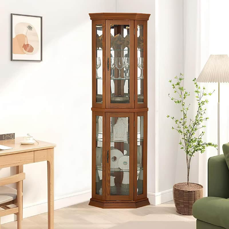 Roomfitters Wooden Corner Display Curio Cabinet, Lighted China Cabinet with Tempered Glass Door