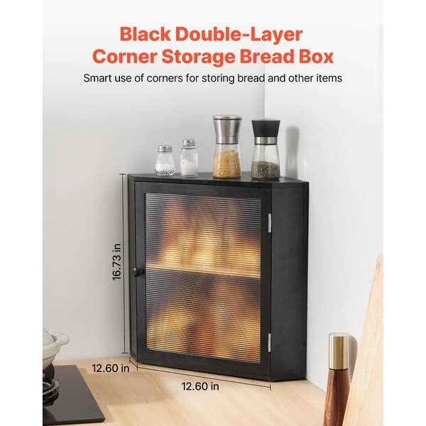 Black Wicker Wood Corner Bread Box with Double Layer Adjustable Shelves and Acrylic Door - 12.60” x 12.60” x 16.73”