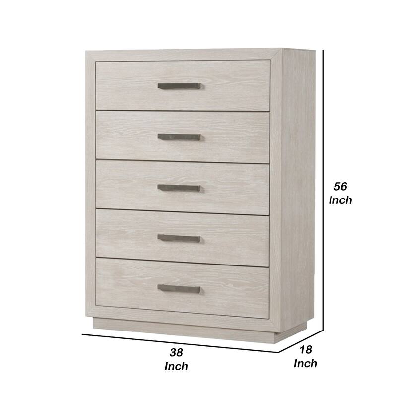 Kexa Tall Dresser Chest, 5 Drawers, Light Gray Solid Wood, Nickel Metal