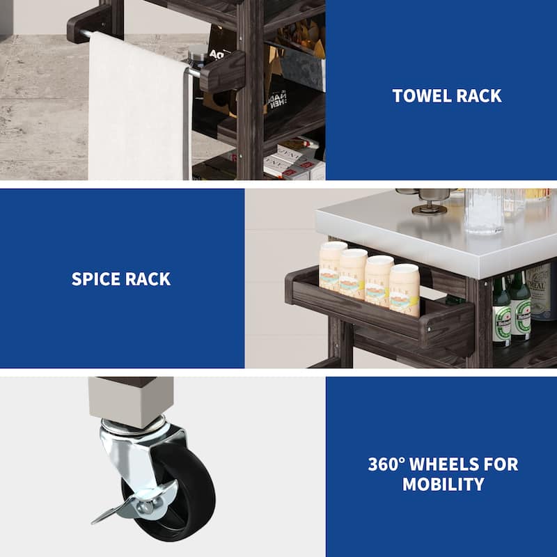 Moasis Outdoor Kitchen Island Rolling Trolley Cart with Stainless Steel Tabletop