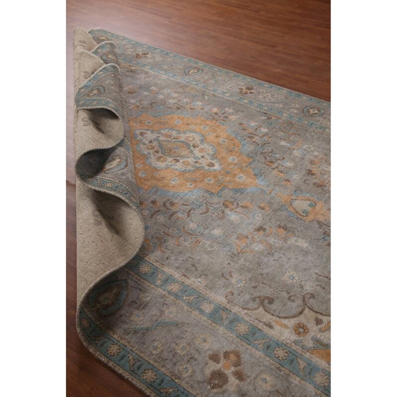 Hand Knotted Oriental 100% Wool Carpet Traditional Medallion Greys & Charcoal Tabriz Area Rug - 9' 9'' X 6' 7''