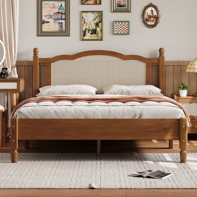 Queen Size Vintage Wooden Bed with Rattan Headboard & Slat Support - Walnut - Queen