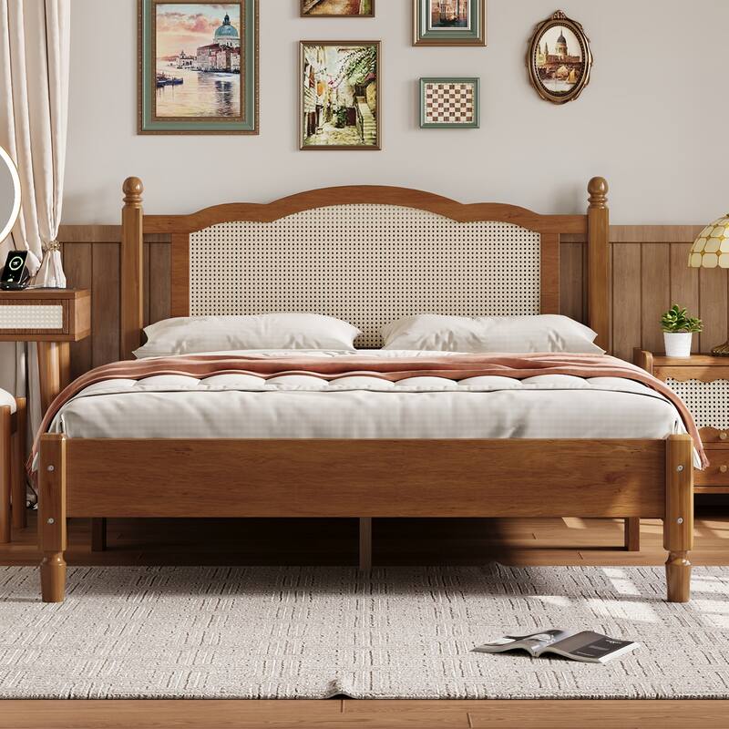 Wooden Platform Bed with Rattan Headboard - Walnut-80" x 62.8" x 42.9"(L x W x H)