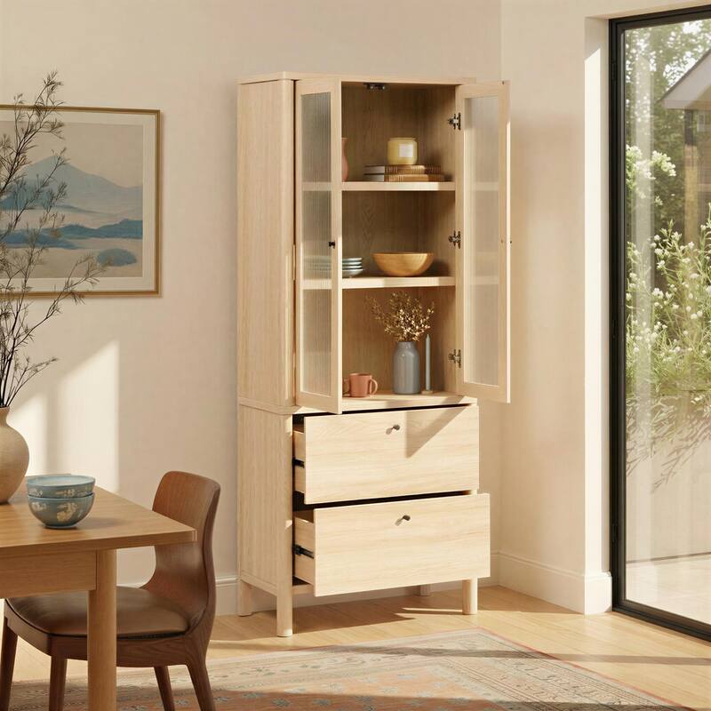 Walker Edison Modern Fluted Glass Bookshelf Cabinet with Drawers