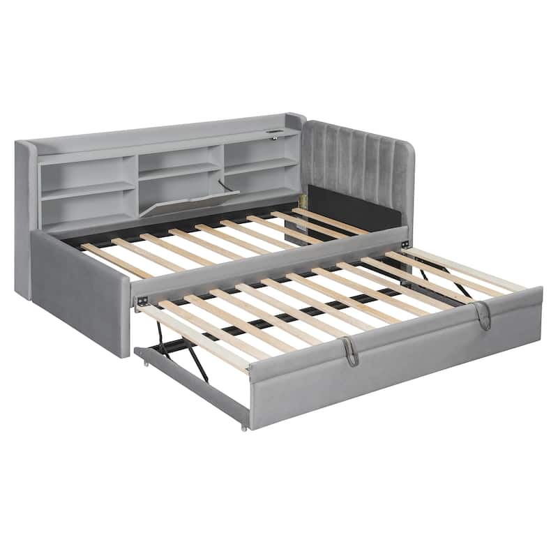 Twin Size Upholstered Daybed with Pop Up Trundle and Storage Shelves & Socket