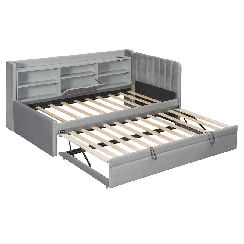 Twin Size Velvet Upholstered Daybed with Trundle, Storage Shelves, USB & Outlet