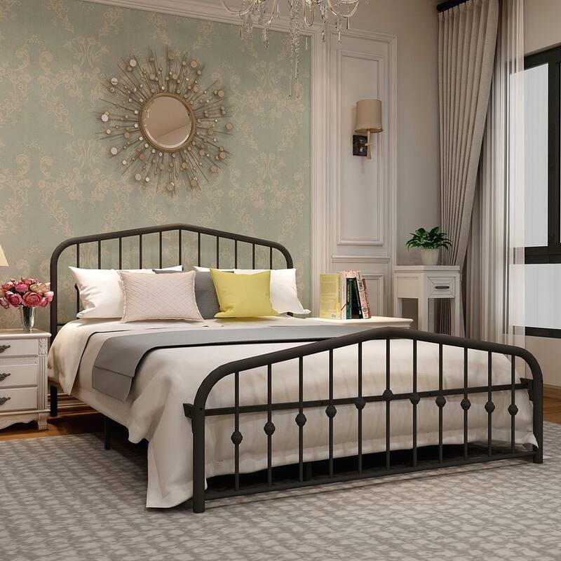 Alazyhome Platform Metal Bed Frame with Headboard, Iron Slat Support
