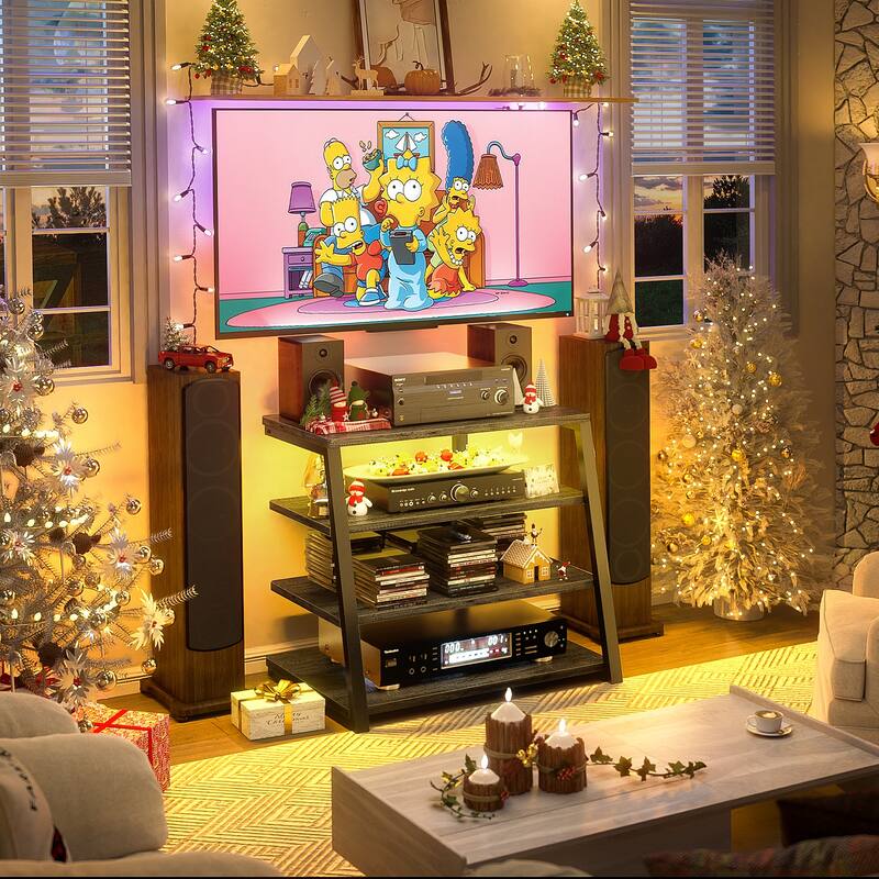 4-Tier Wooden AV Component Media Stand Stereo Cabinet with Power Outlets and LED Lights