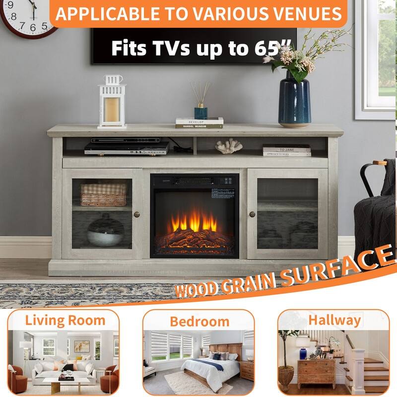 58/60" Contemporary/Classic Fireplace TV Stand for 65" TVs w/ 18" Insert Open/Glass-Door Storage Stone Gray/Driftwood