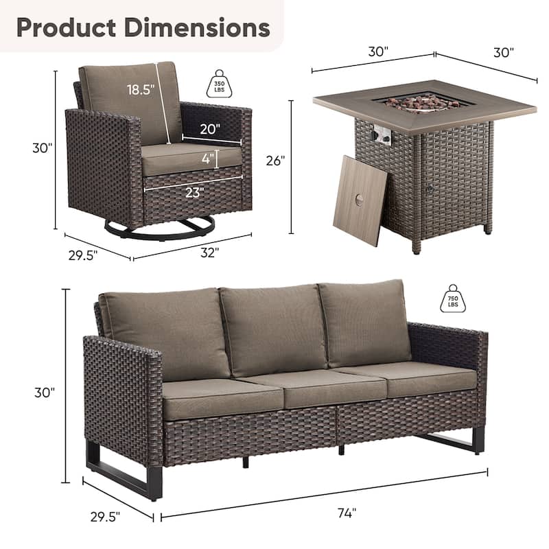 4 Pieces Fire Pit Table with Sofa Swivel Chair Set