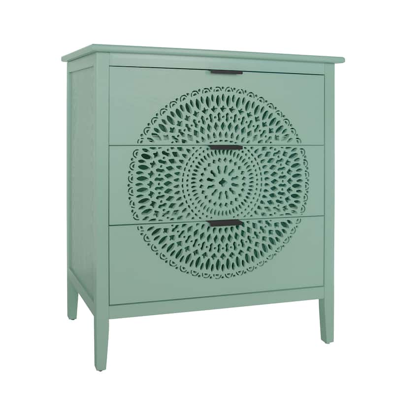 Roomfitters 3 Drawer Storage Cabinet, Hollow Carved Accent Dresser with Metal Handles, Green