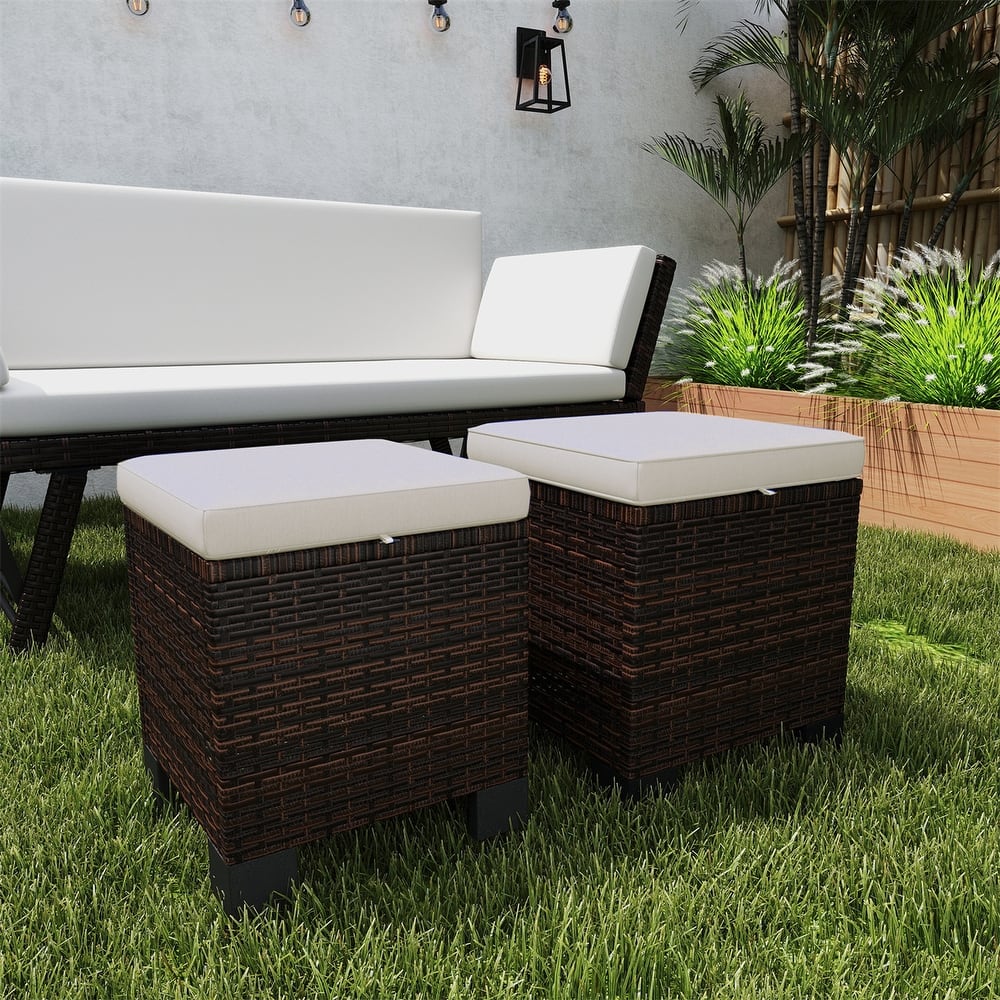 Set of 2 Outdoor Ottomans Wicker with Cushions Steel Frame for Patio Balcony Yard - 15.7" W x 15.7" D x 18.1" H
