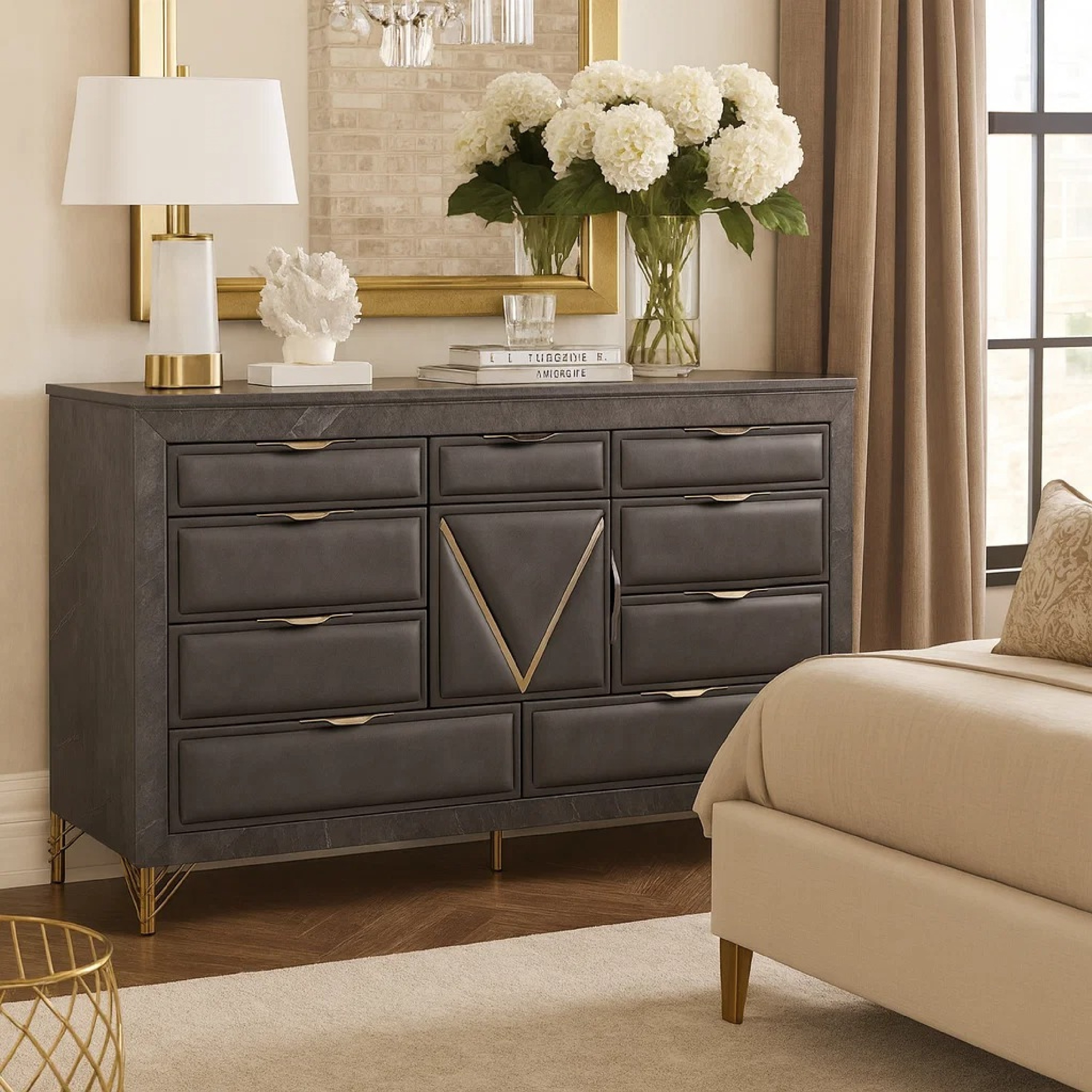 grey and gold dresser 6 Drawer for Bedroom, Wood Chest of Drawers with Metal Legs - Bed Bath & Beyond Its clean lines and simple design make it a versatile addition to any room Semy Wide Dresser | 10