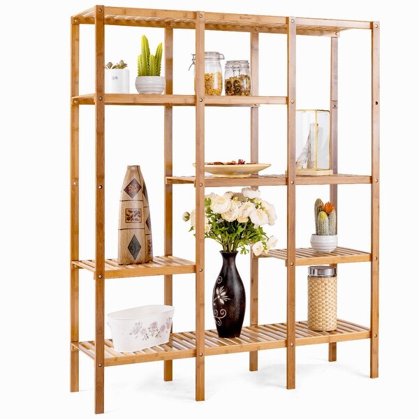 Costway Multifunctional Bamboo Shelf Storage Organizer Rack Plant Stand Display Closet - bamboo color