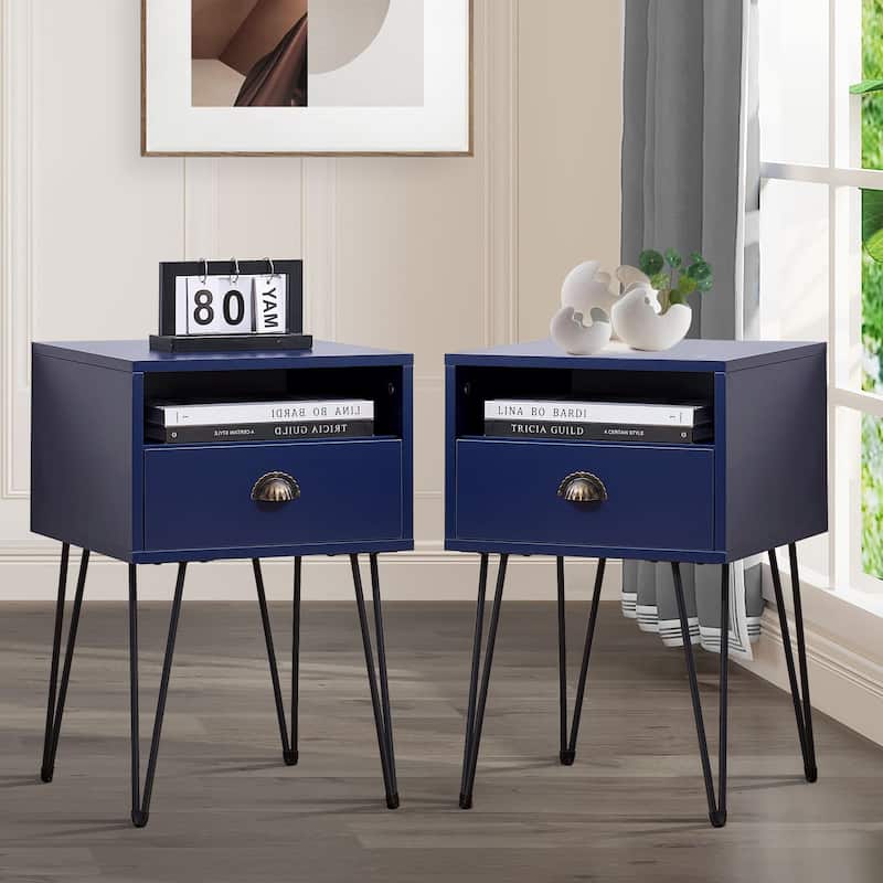Modern Mid Century 1-Drawer Hairpin Nightstands, Brown/Blue/Black/Yellow, Four Options
