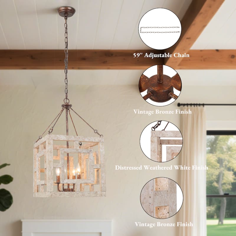Modern Farmhouse 4-Light Pendant Wood Rustic Square Island Lights - W 13.5" x D 13.5" x H 26"