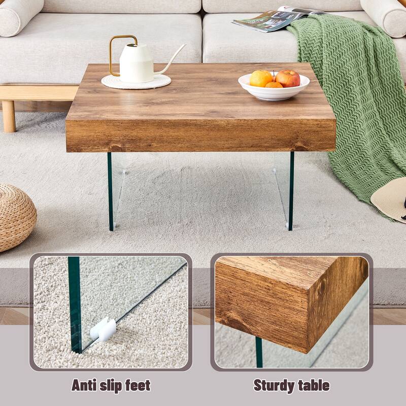 Square MDF Coffee Table - 31.5"x31.5" with Tempered Glass Legs.Density Board Sticker,Reinforced Glass Legs