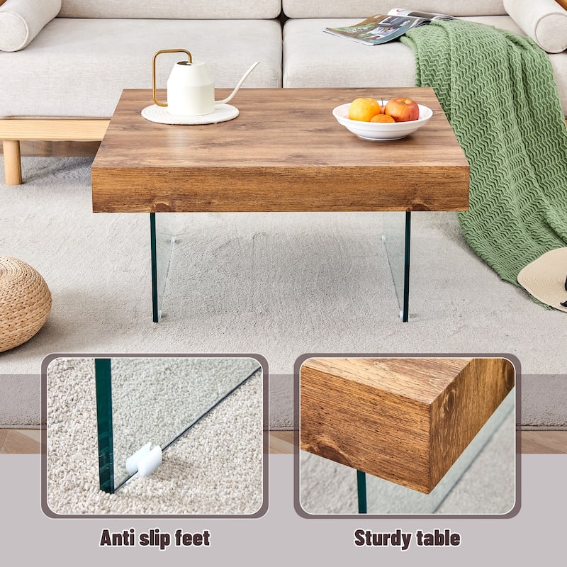 Walnut Colored Square Mdf Coffee Table - 31.5"X31.5"With Tempered Glass Legs.Density Board Sticker,Reinforced Glass Legs