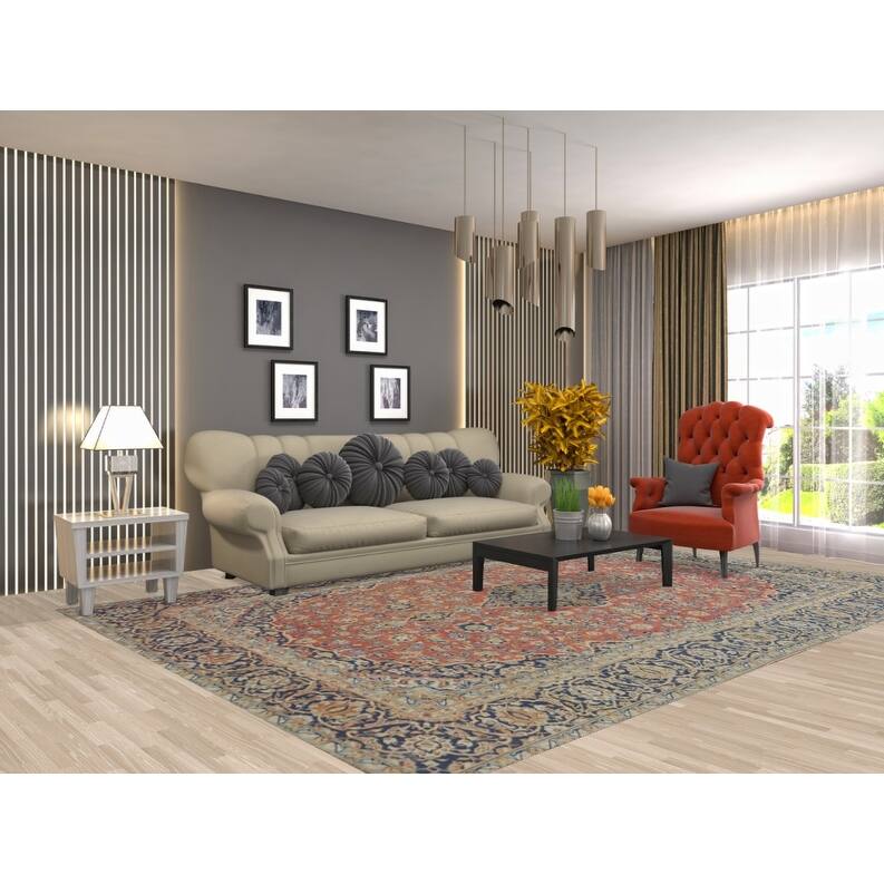 Hand Knotted Oriental 100% Wool Carpet Traditional Floral Coral Mashad Area Rug - 11' 5'' X 7' 8''