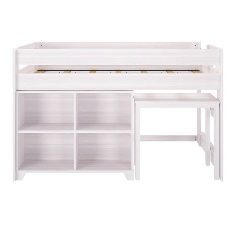 Max and Lily Farmhouse Twin-Size Low Loft with 4-Shelf Bookcase and Desk