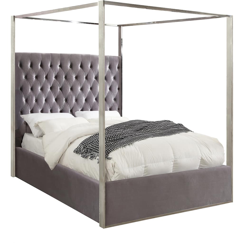 Modern Velvet Upholstered Bed - Tufted Low Profile Design with Chrome Canopy