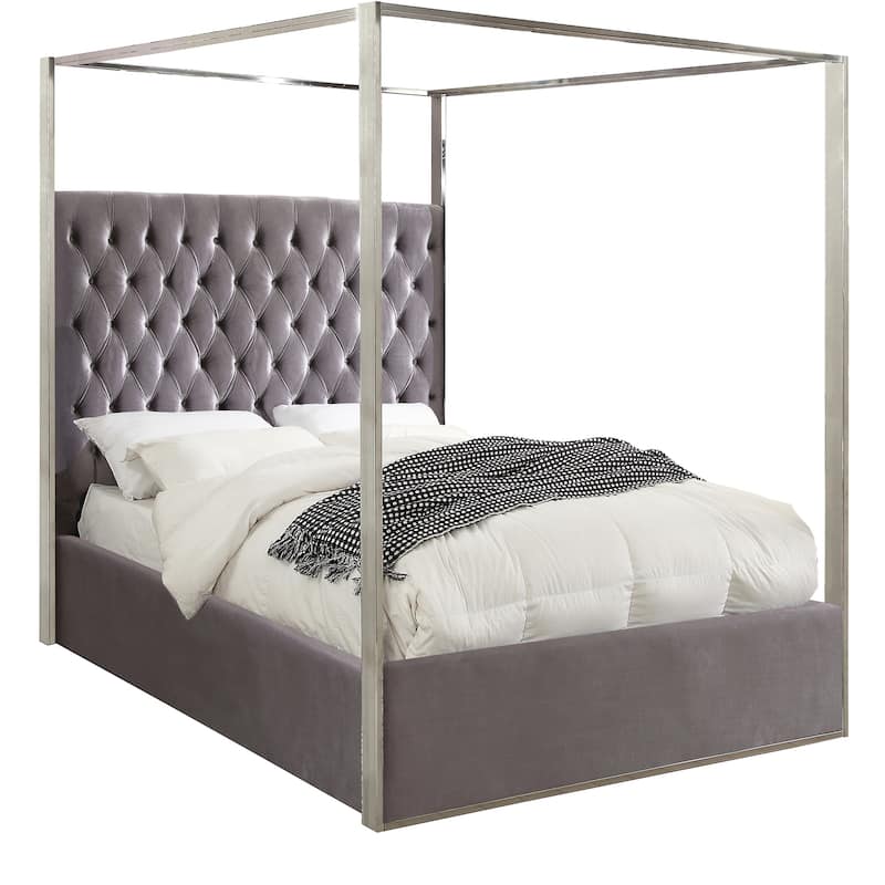 Modern Velvet Upholstered Bed - Tufted Low Profile Design with Chrome Canopy