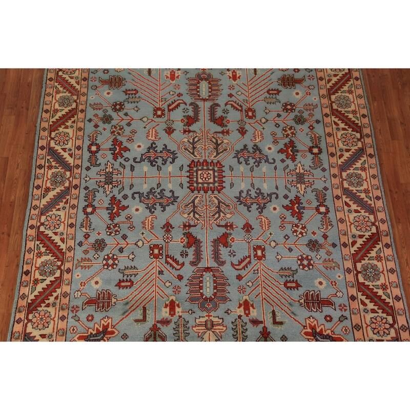 Light Blue Geometric Kazak Indian Area Rug Hand-Knotted Wool Carpet - 8'0"x 10'1"