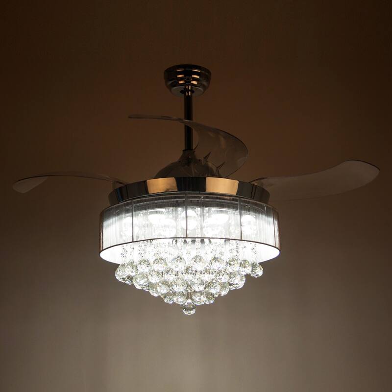46-in Modern 4-Blade Chrome Retractable Crystal LED Ceiling Fan with Light and Remote - 46 Inches