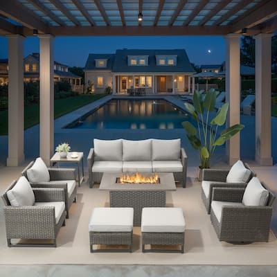 Outdoor Sofa Swivel Chairs Set with Fire Pit Table - Beige cushion - Grey