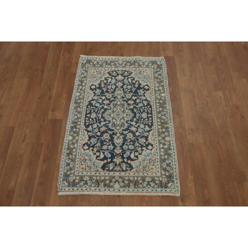 Hand Knotted Oriental 100% Wool Carpet Traditional Floral Navy Blue & Blues Kerman Area Rug - 2' 11'' X 1' 10''