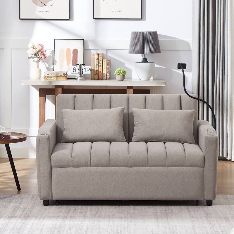55.9" Convertible Sofa Bed Loveseat Sofa with Three USB Ports, Two Side Pockets, Two Cup Holders and 360°Swivel Phone Holder