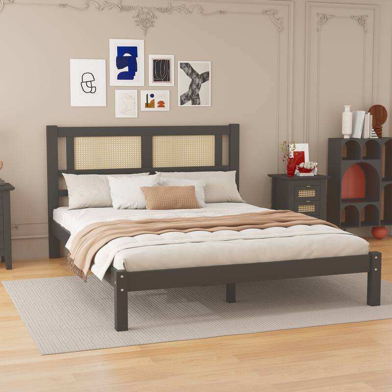 Platform bed with natural rattan headboard
