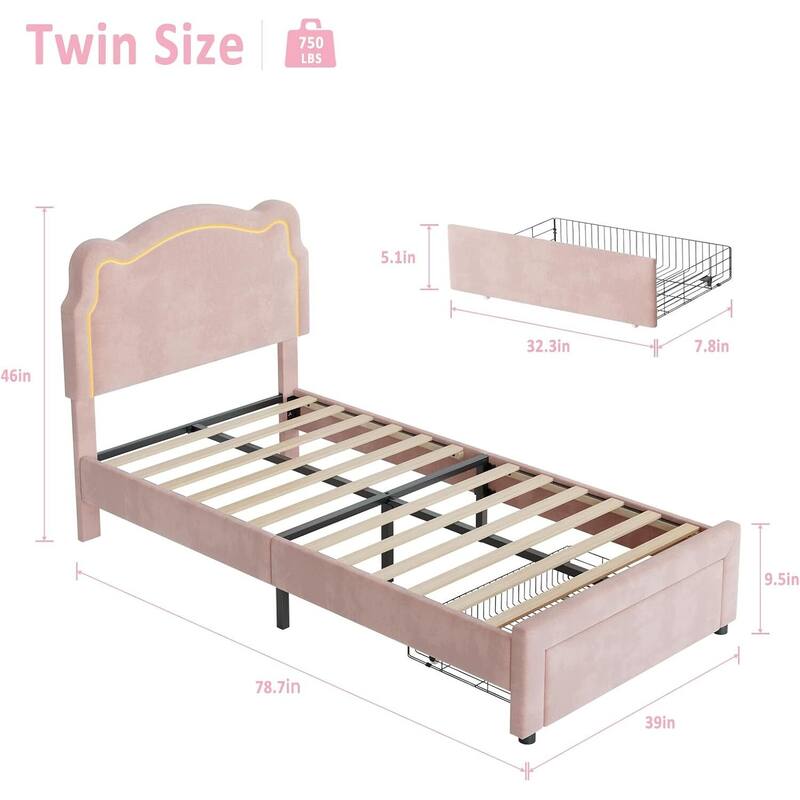 Twin Size Upholstered LED Velvet Platform Bed Frame with Bear-Shaped Headboard, Storage Drawer