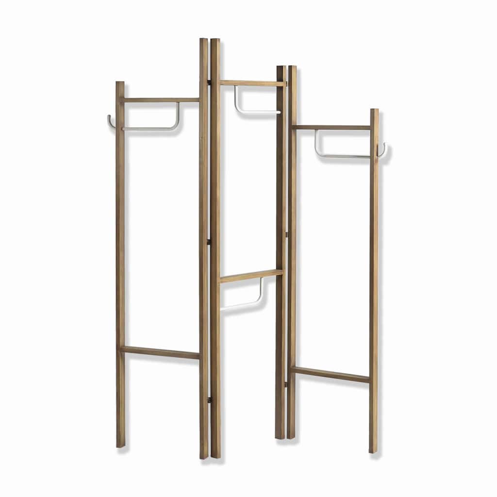 Modern Style 3 Panel Metal Screen with Hooks and Rod Hangings, Brown