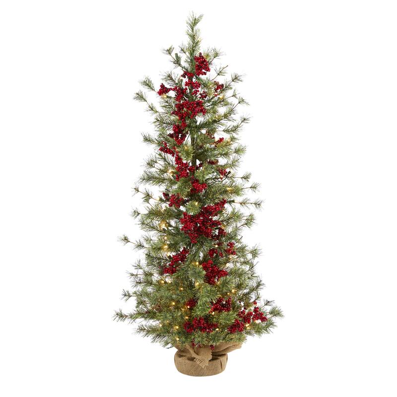 4’ Potted Pine and Berries Artificial Christmas Tree, Clear LED Lights - 4 Foot