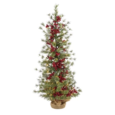 4’ Potted Pine and Berries Artificial Christmas Tree, Clear LED Lights - 4 Foot