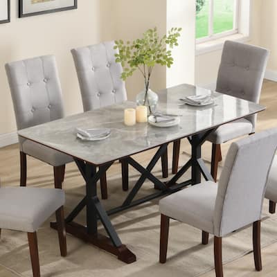 Faux Marble Dining Room Table with X-shaped Metal Legs and Solid Wood Base, Scratch and Heat Resistant, Table Only