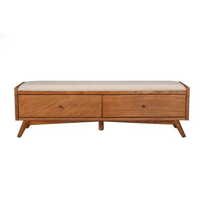 Ian 59 Inch 2 Drawer Storage Bench, Padded Seat, Beige Fabric, Acorn Brown