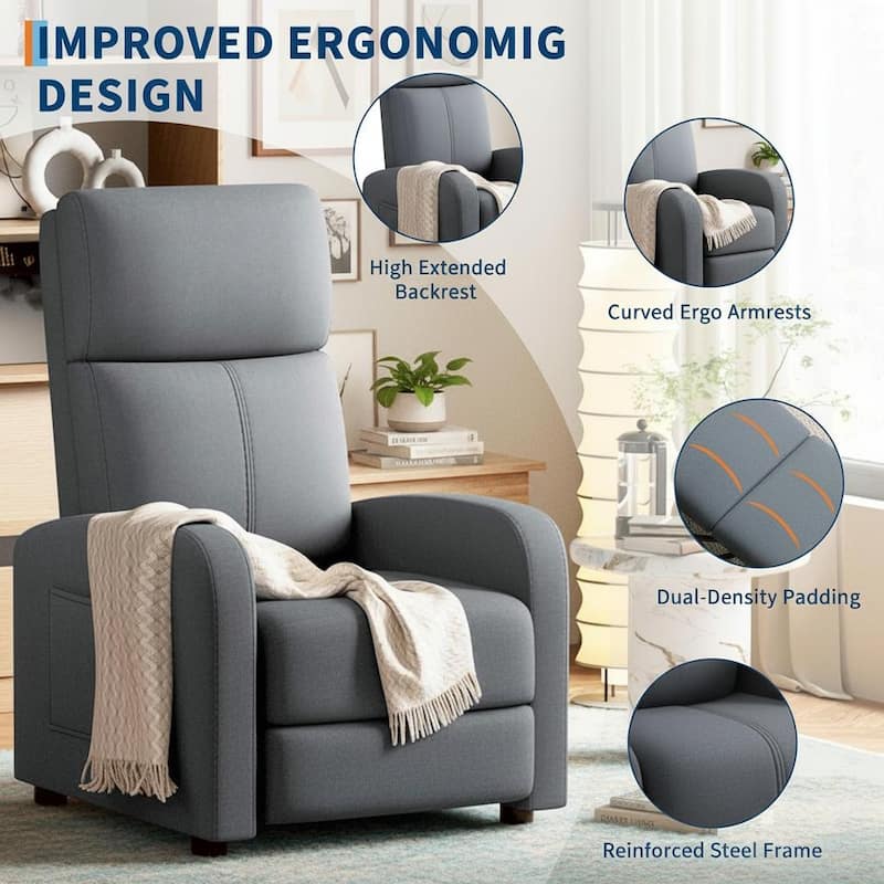 Recliner Chair for Adults, High Backrest, Thick Cushion, with Side Pocket