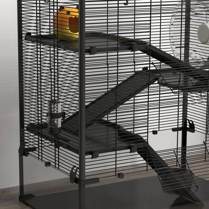 PawHut Large Hamster Cage with Deep Tempered Glass Bottom, 4 Tiers Hamster Tank with Running Wheel, Black