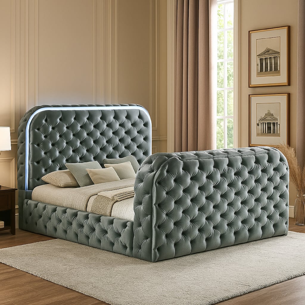 Kerie King Bed with LED Fireplace, Hidden Lift TV Stand, Gray Velvet