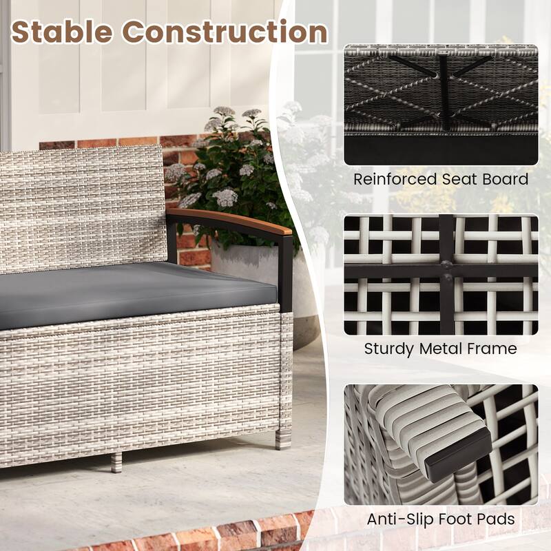 Gymax Outdoor Storage Bench w/Cushion Backrest & Acacia Wood Armrests