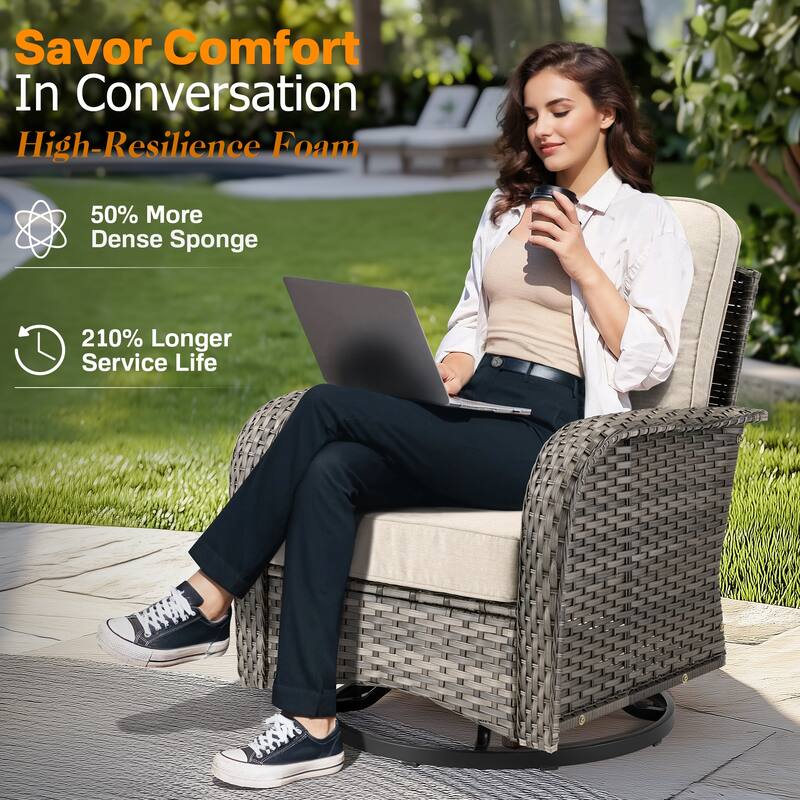 OVIOS 7-piece Patio Wicker Swivel Rocking Chair Set With Fire Pit
