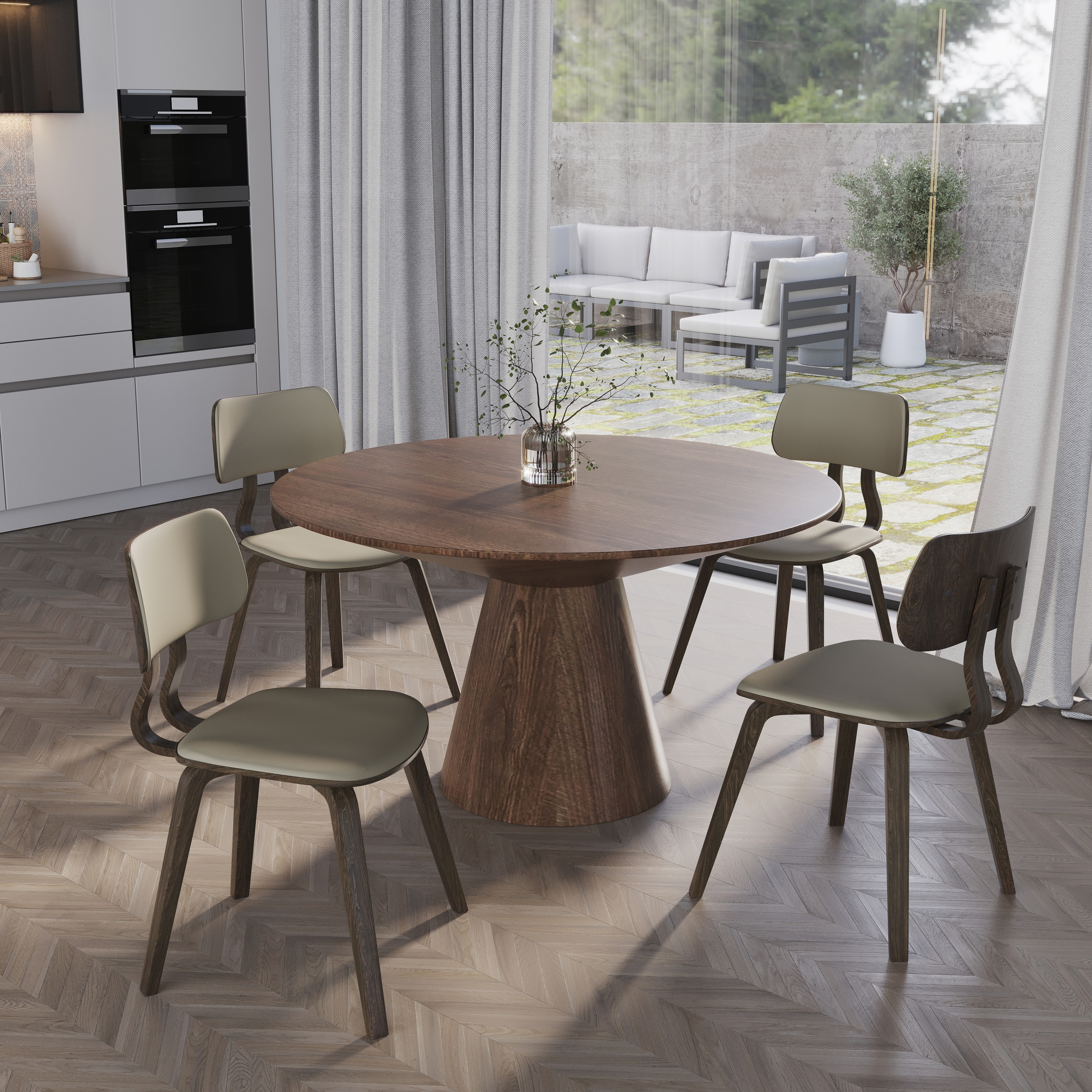 Clivo (Set of 2) Mid Century Modern Dining Chair Walnut Solid Poplar Wood Leather Upholstered Accent Kitchen Side Chair