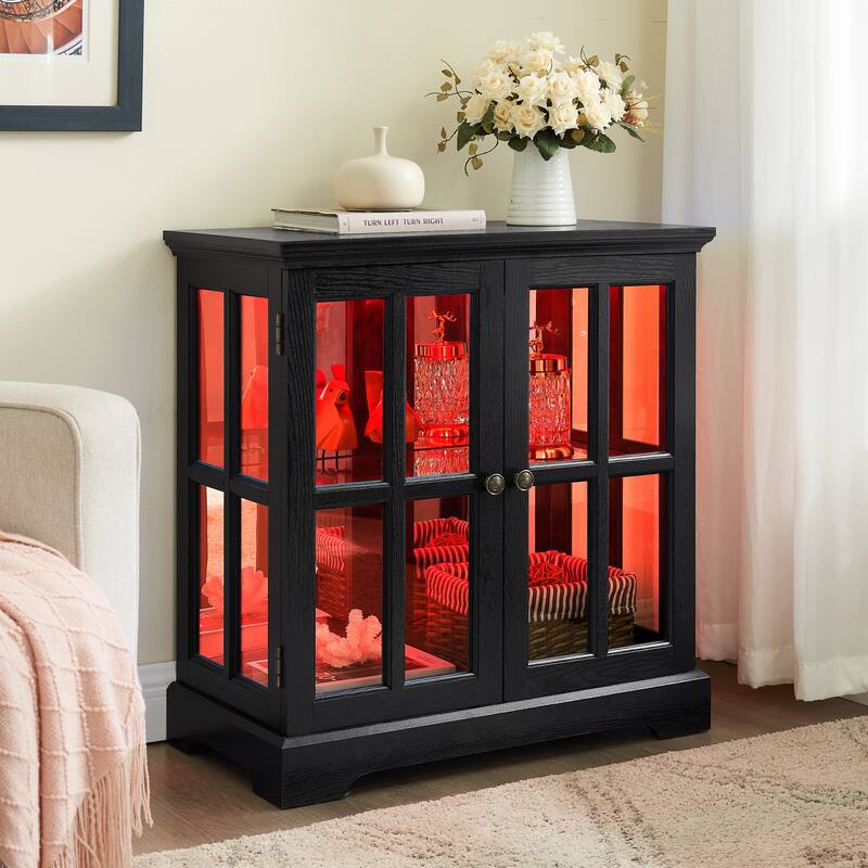 LED Curio Display Cabinet with Grille Doors, Antique Display Cabinet with Adjustable Shelves, Wooden Accent Storage Cabinet