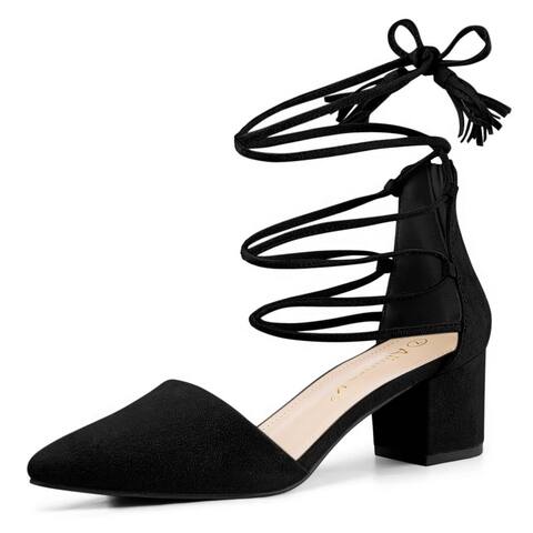 Women's Pointed Toe D'Orsay Block Heels Lace Up Pumps
