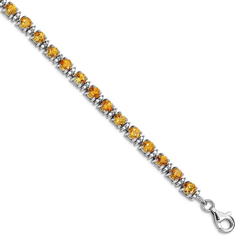 Curata 925 Sterling Silver 7" Round Gemstone and Diamond Line Bracelet - Citrine - White