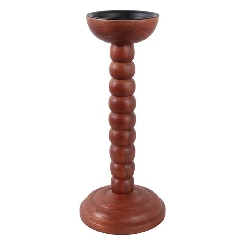 Wood Candle Holder Sculpted Round Base and Turned Detailing Accent