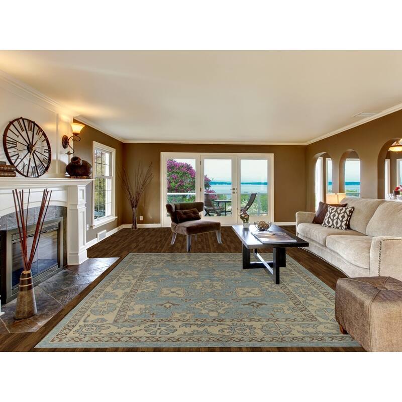 Hand Knotted Oriental 100% Wool Carpet Transitional All-Over Navy Blue & Blues Oushak Area Rug - 11' 2'' X 8' 2''