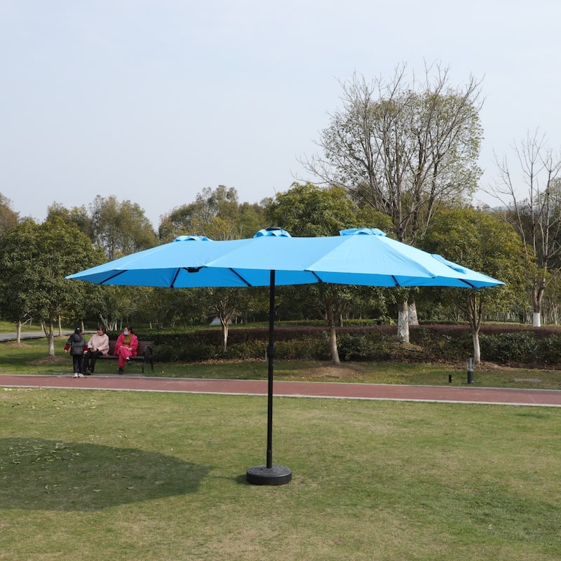 15x9FT Large Double-Sided Rectangular Outdoor Twin Patio Market Umbrella with Light and Base - Blue